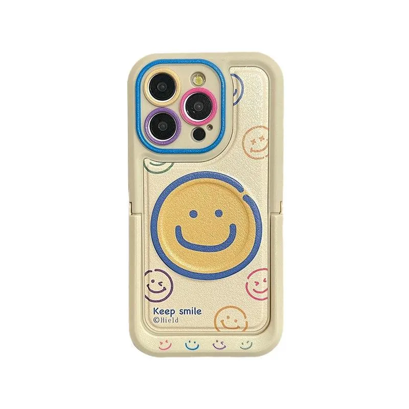 Invisible Bracket Cartoon Smile Leather Cute Phone Case for iPhone 11-15 Pro Max Plus