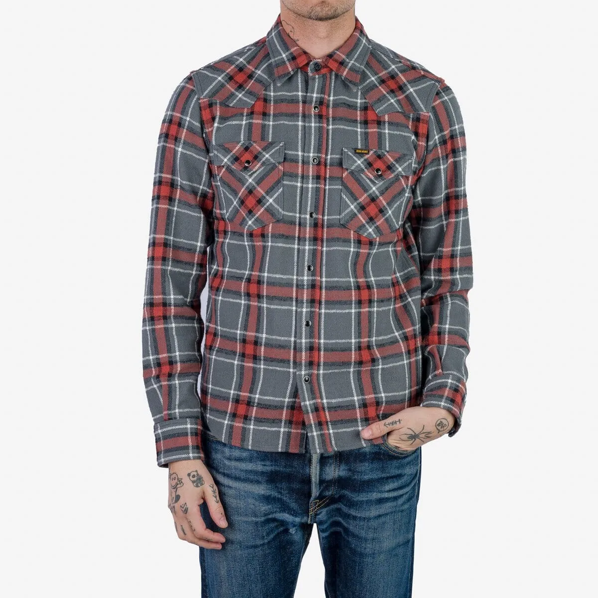 Iron Heart - IHSH-369-GRY - 12oz Slubby Heavy Flannel Herringbone Check Western Shirt - Grey