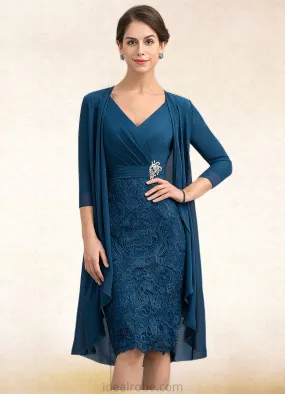 Jemima Sheath/Column V-neck Knee-Length Chiffon Lace Mother of the Bride Dress With Crystal Brooch STK126P0014972