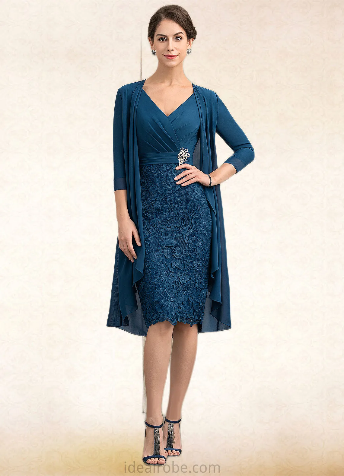 Jemima Sheath/Column V-neck Knee-Length Chiffon Lace Mother of the Bride Dress With Crystal Brooch STK126P0014972