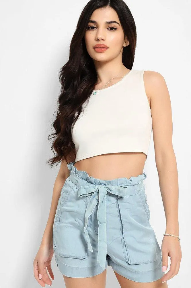 Light Blue Thin Denim Paperbag Waist Shorts