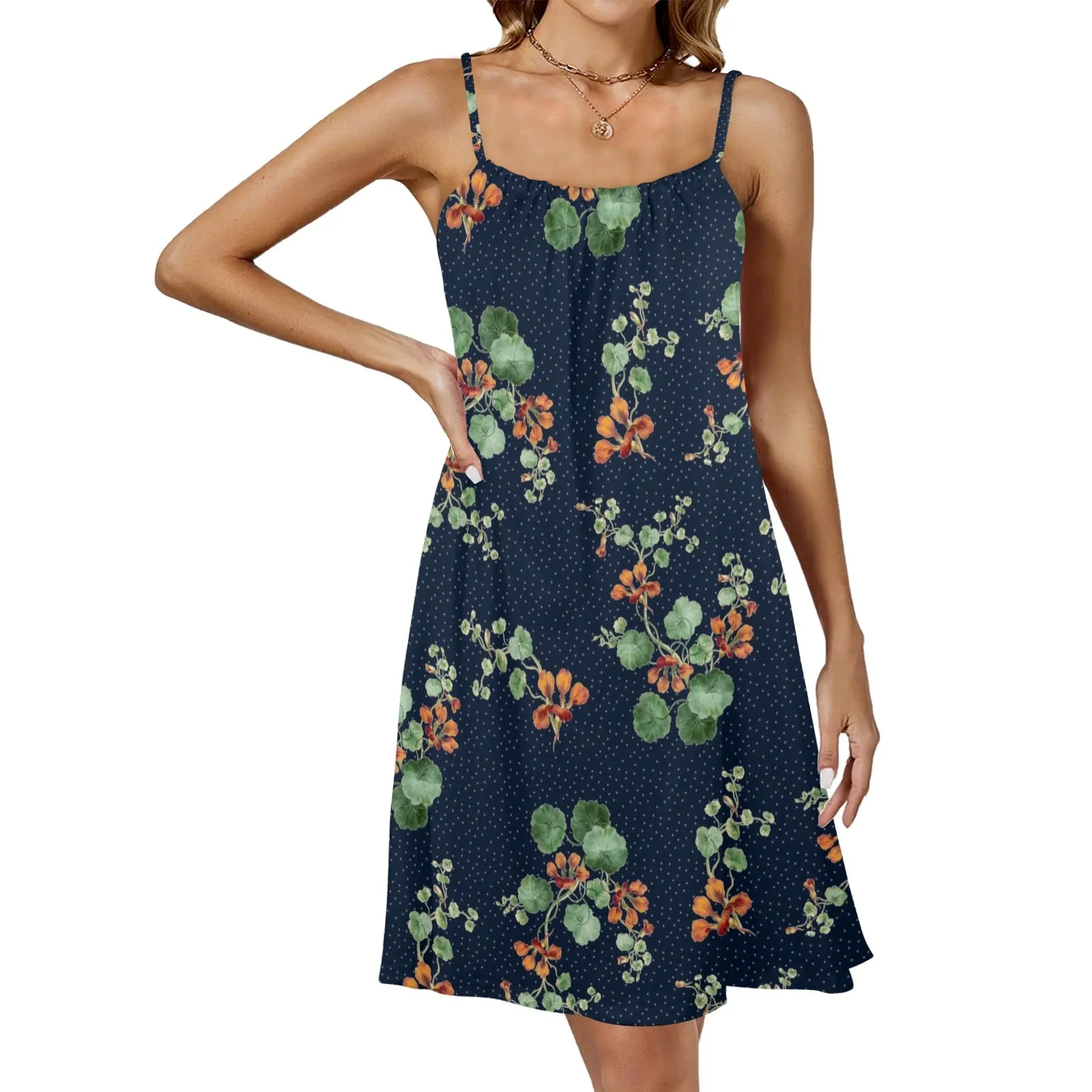 lily print on blue Drawstring Neck Sleeveless Dress (Model D68)