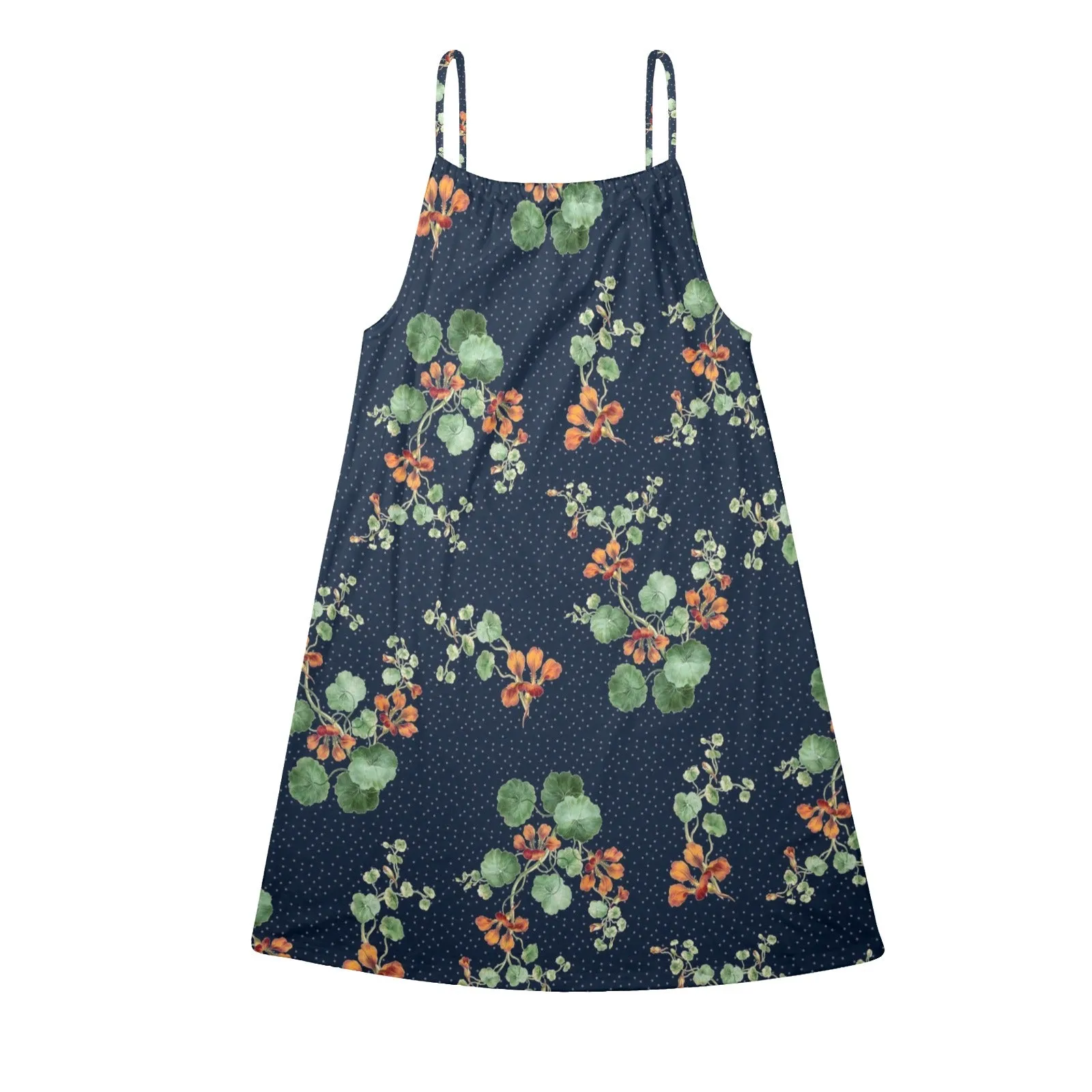 lily print on blue Drawstring Neck Sleeveless Dress (Model D68)