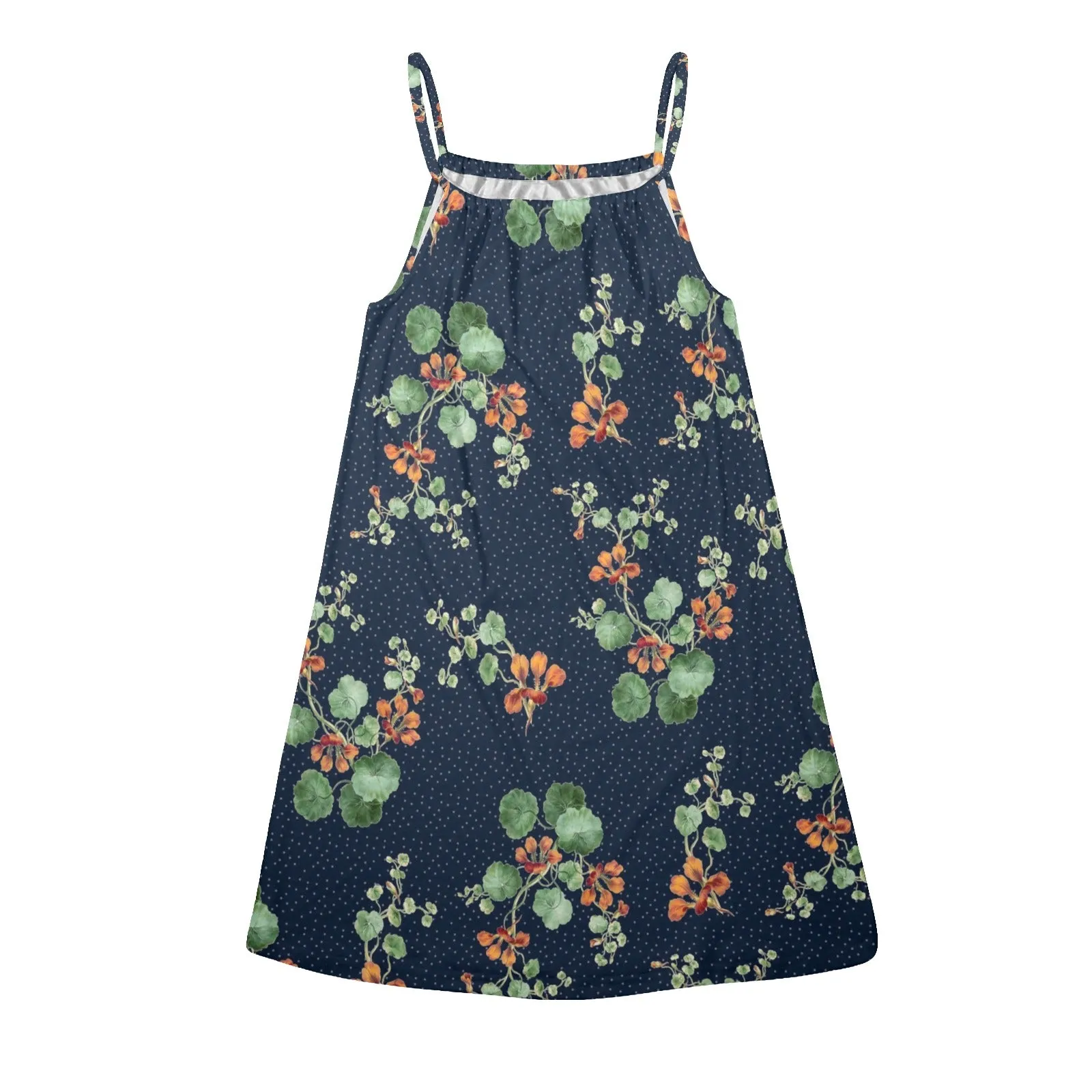 lily print on blue Drawstring Neck Sleeveless Dress (Model D68)