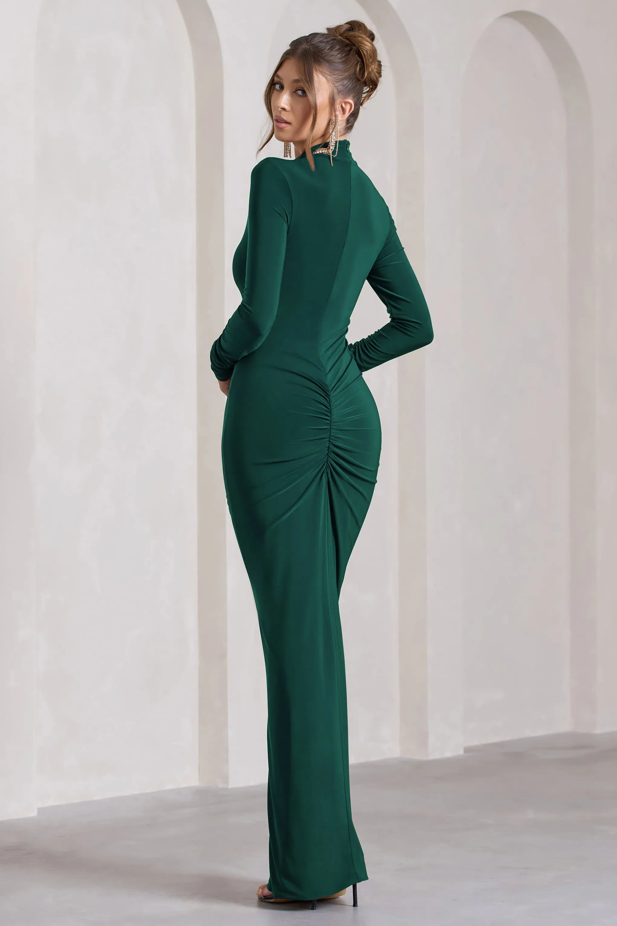 Lynn | Bottle Green Ruched High-Neck Split Maxi Dress