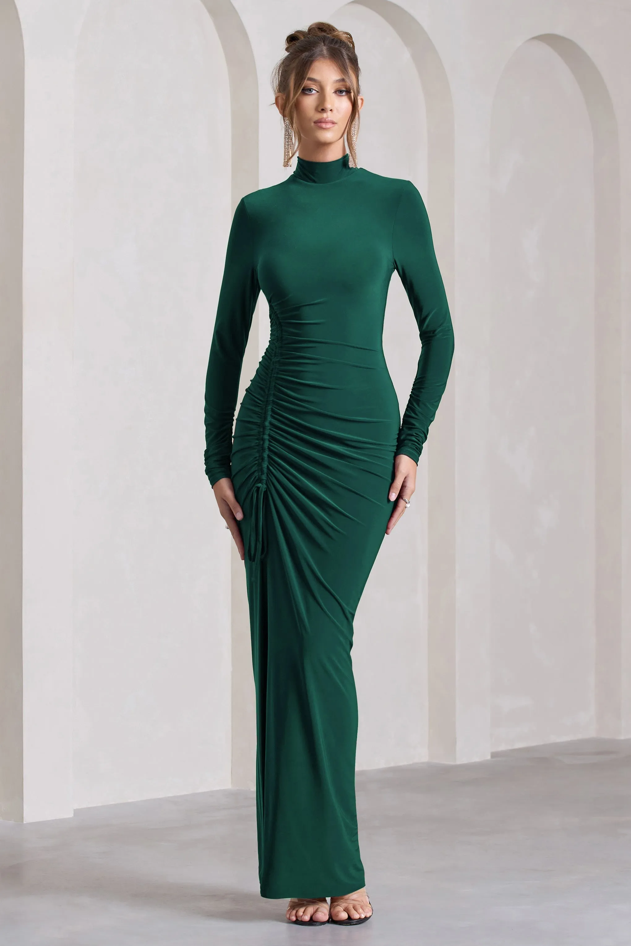 Lynn | Bottle Green Ruched High-Neck Split Maxi Dress