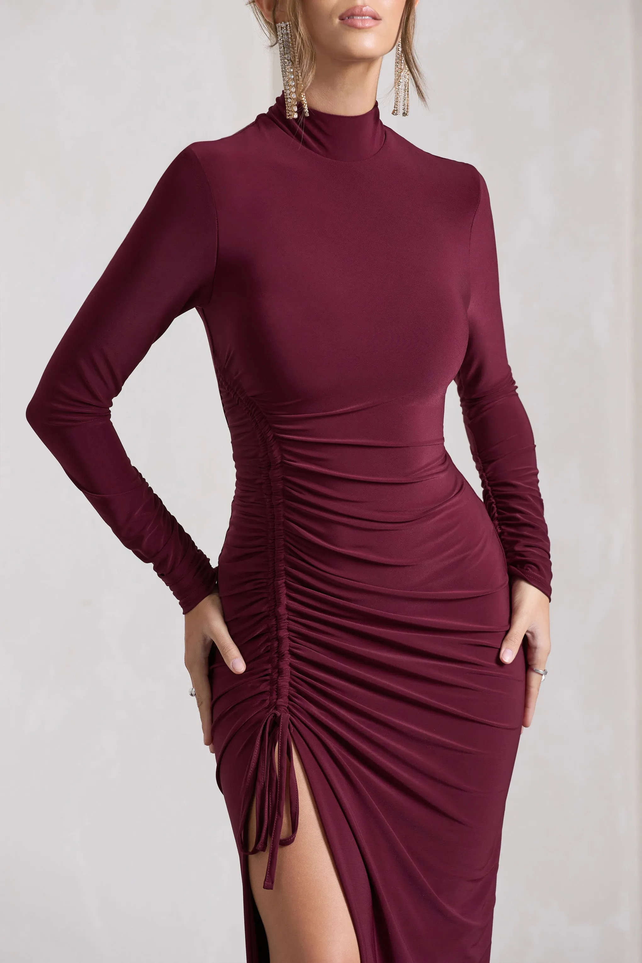 Lynn | Burgundy Ruched High-Neck Split Maxi Dress