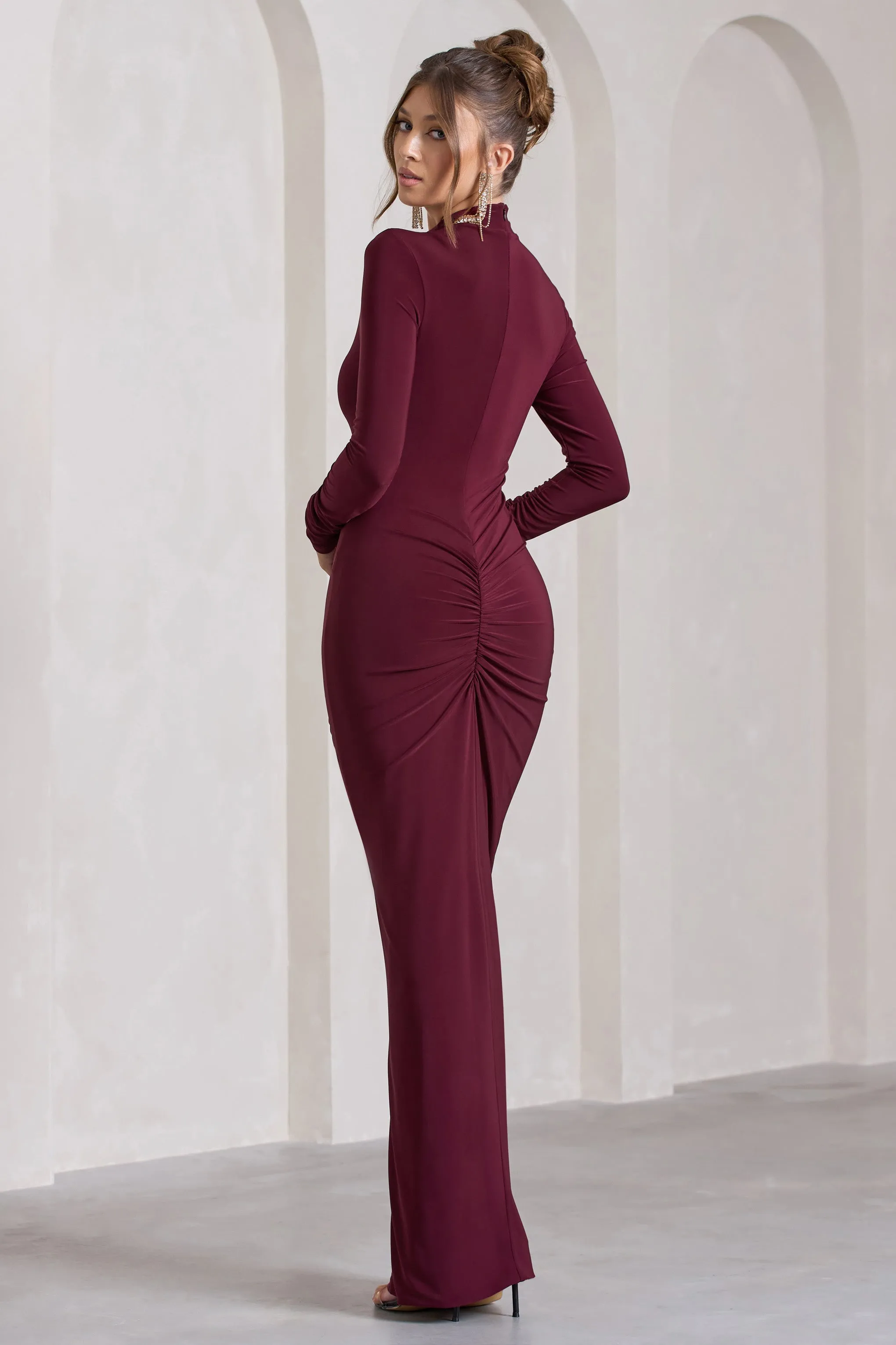 Lynn | Burgundy Ruched High-Neck Split Maxi Dress