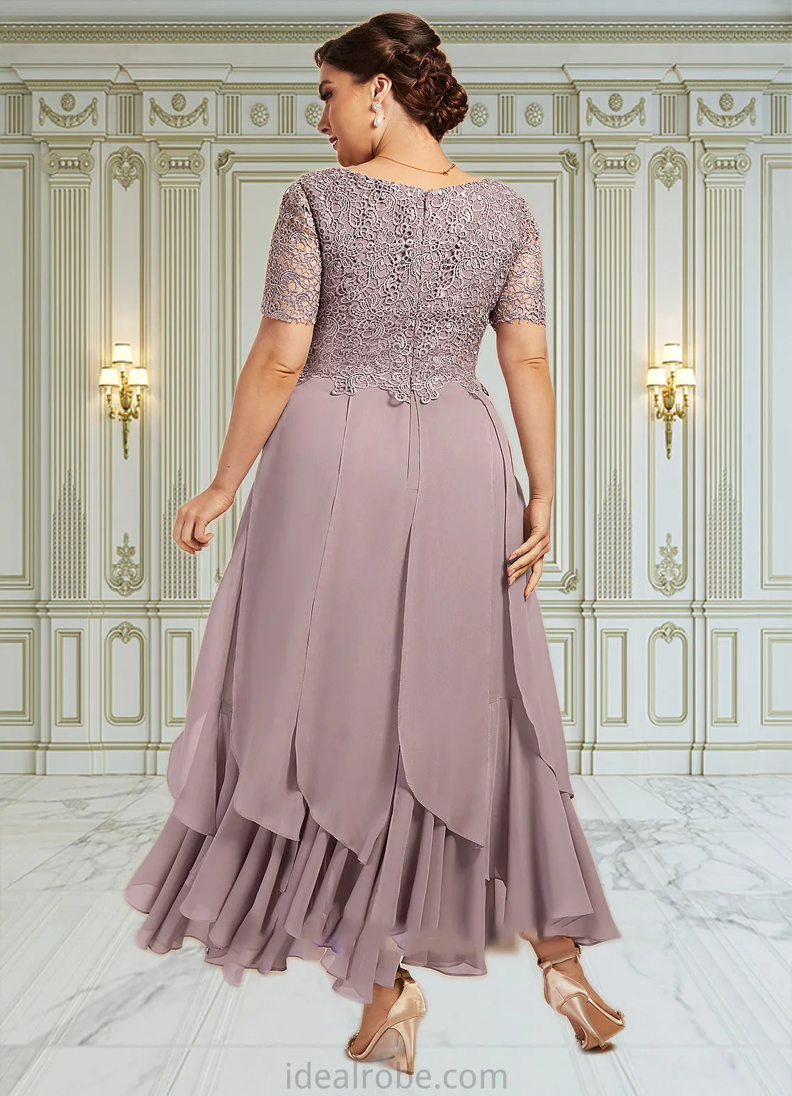 Madelyn A-Line Scoop Neck Ankle-Length Chiffon Lace Mother of the Bride Dress With Cascading Ruffles STK126P0014555