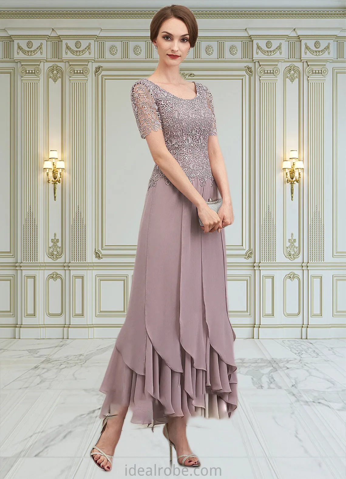 Madelyn A-Line Scoop Neck Ankle-Length Chiffon Lace Mother of the Bride Dress With Cascading Ruffles STK126P0014555