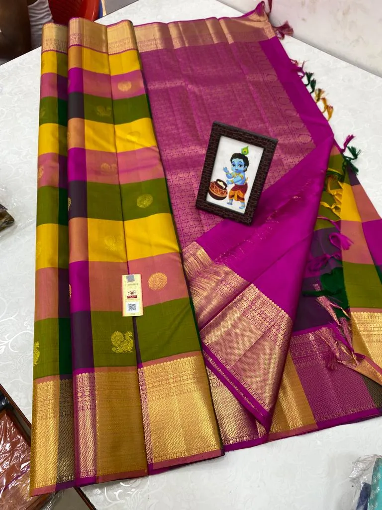 Manormani , Traditional Paazhum Pazham Multicolor Checks With Gold Zari Butties Weaving Kanjivaram Silk Saree -PIY001PP