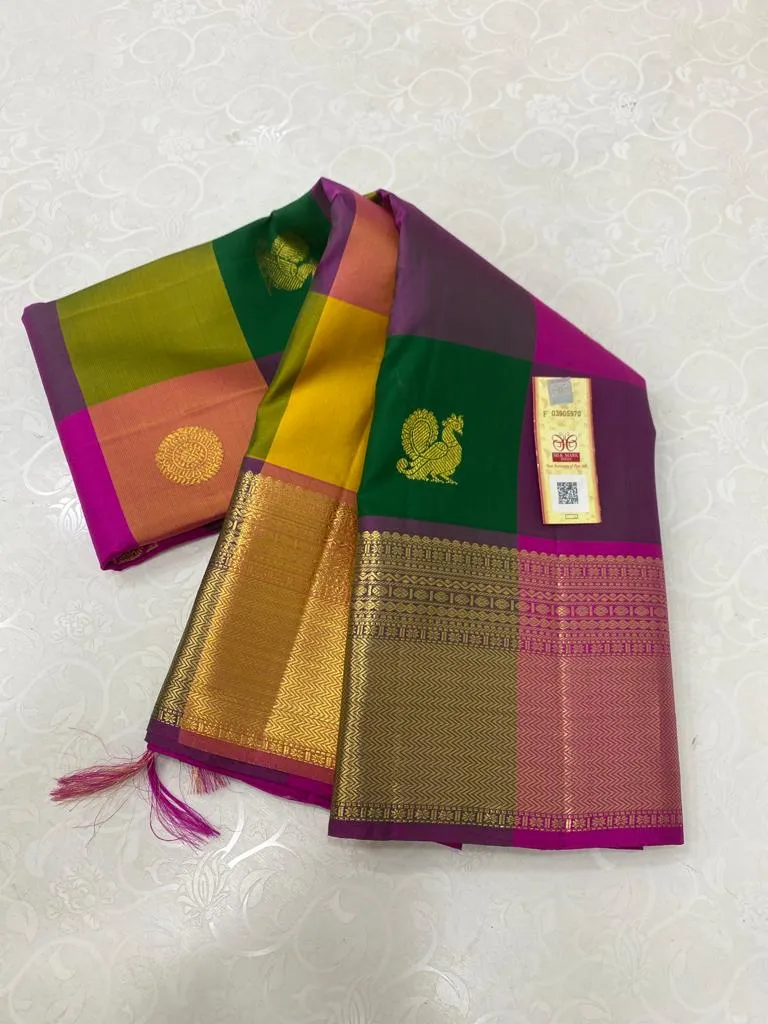 Manormani , Traditional Paazhum Pazham Multicolor Checks With Gold Zari Butties Weaving Kanjivaram Silk Saree -PIY001PP