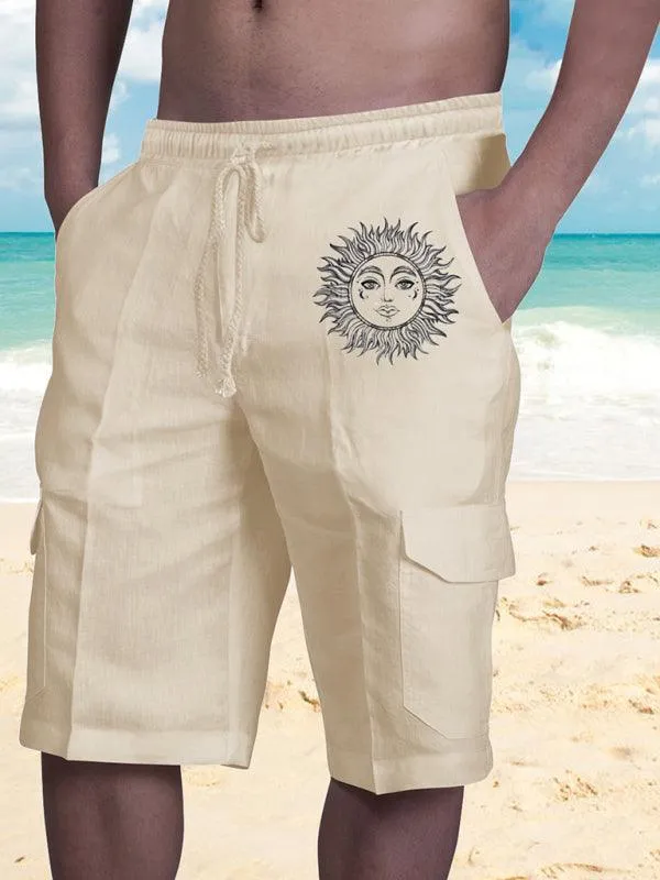 Men Linen Cargo Shorts Sunny Face