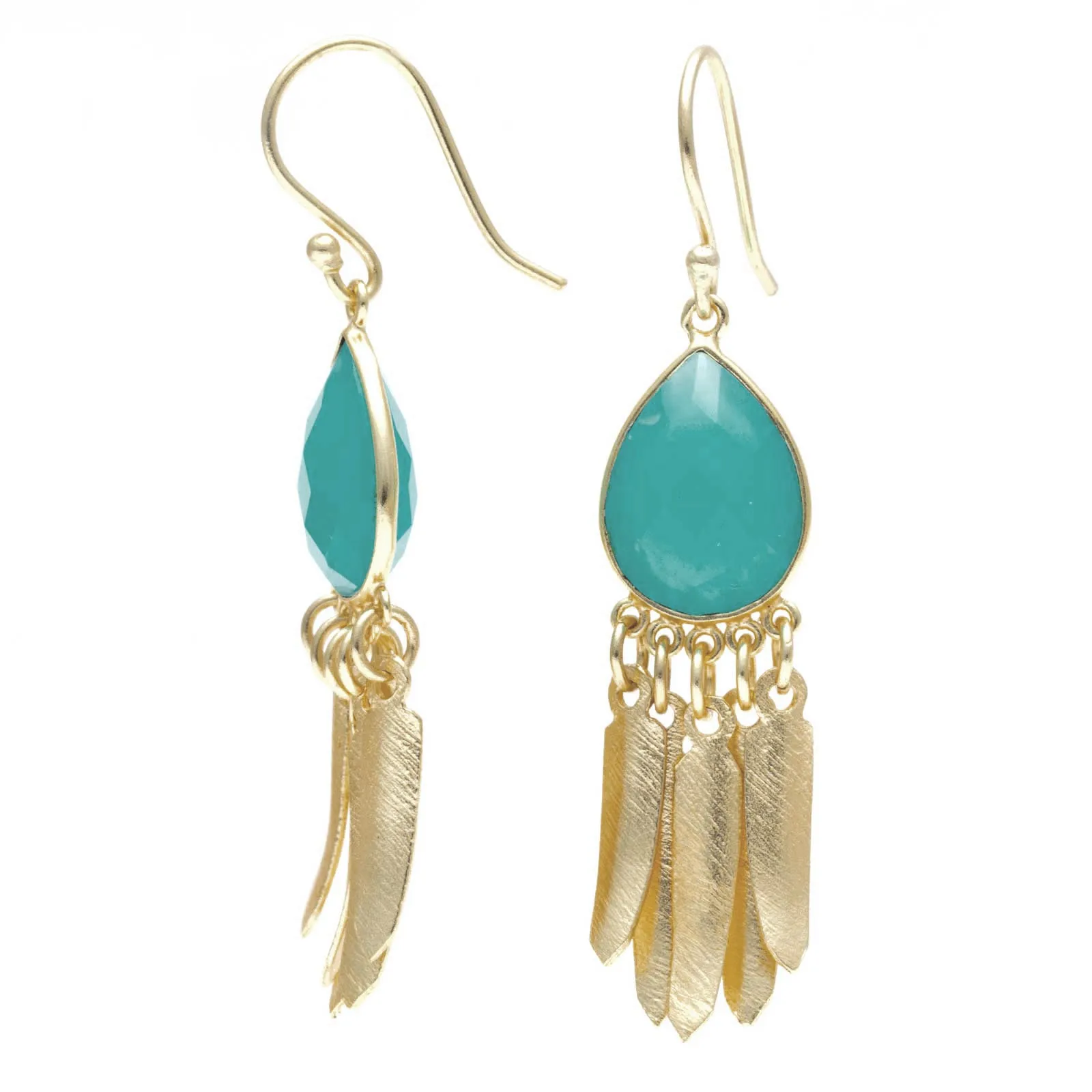 Navajo Fringe Aqua Chalcedony Dangle Earrings Gold Plated