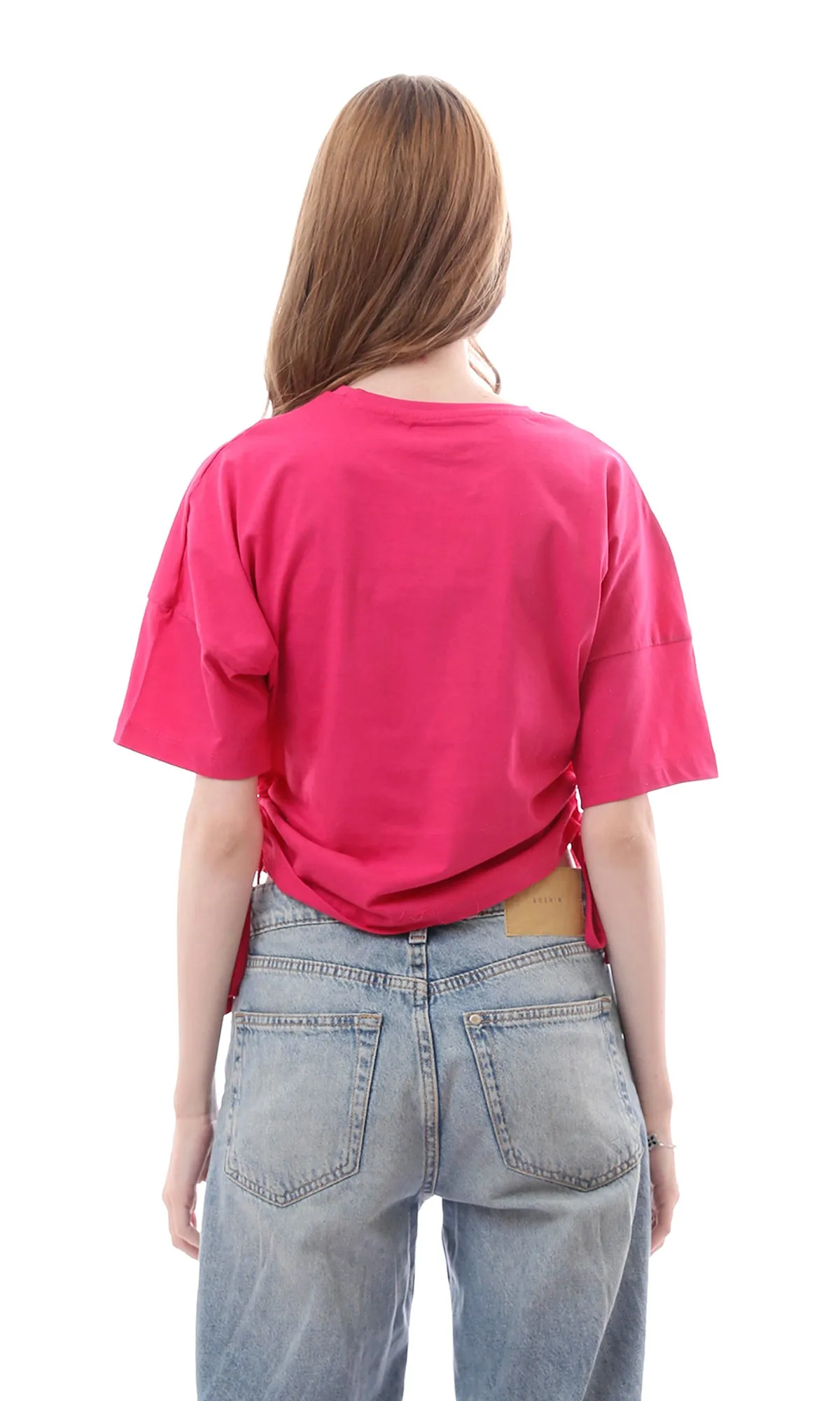 O165472 Trendy Fuchsia Cropped T-Shirt With Side Adjustable Drawstring