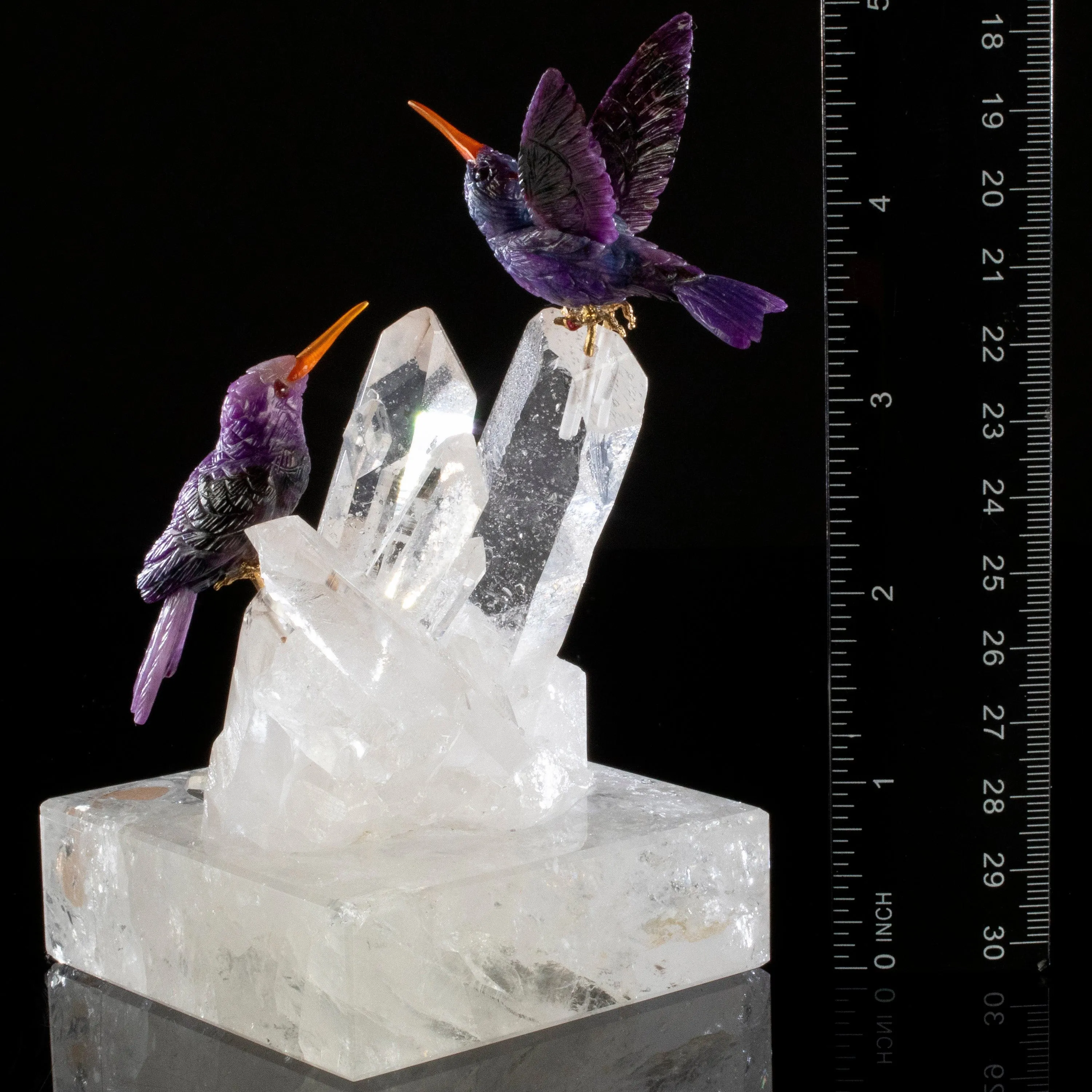 Peter Muller Sugilite Hummingbird Couple Love Birds Carving on Clear Quartz Point Cluster Base