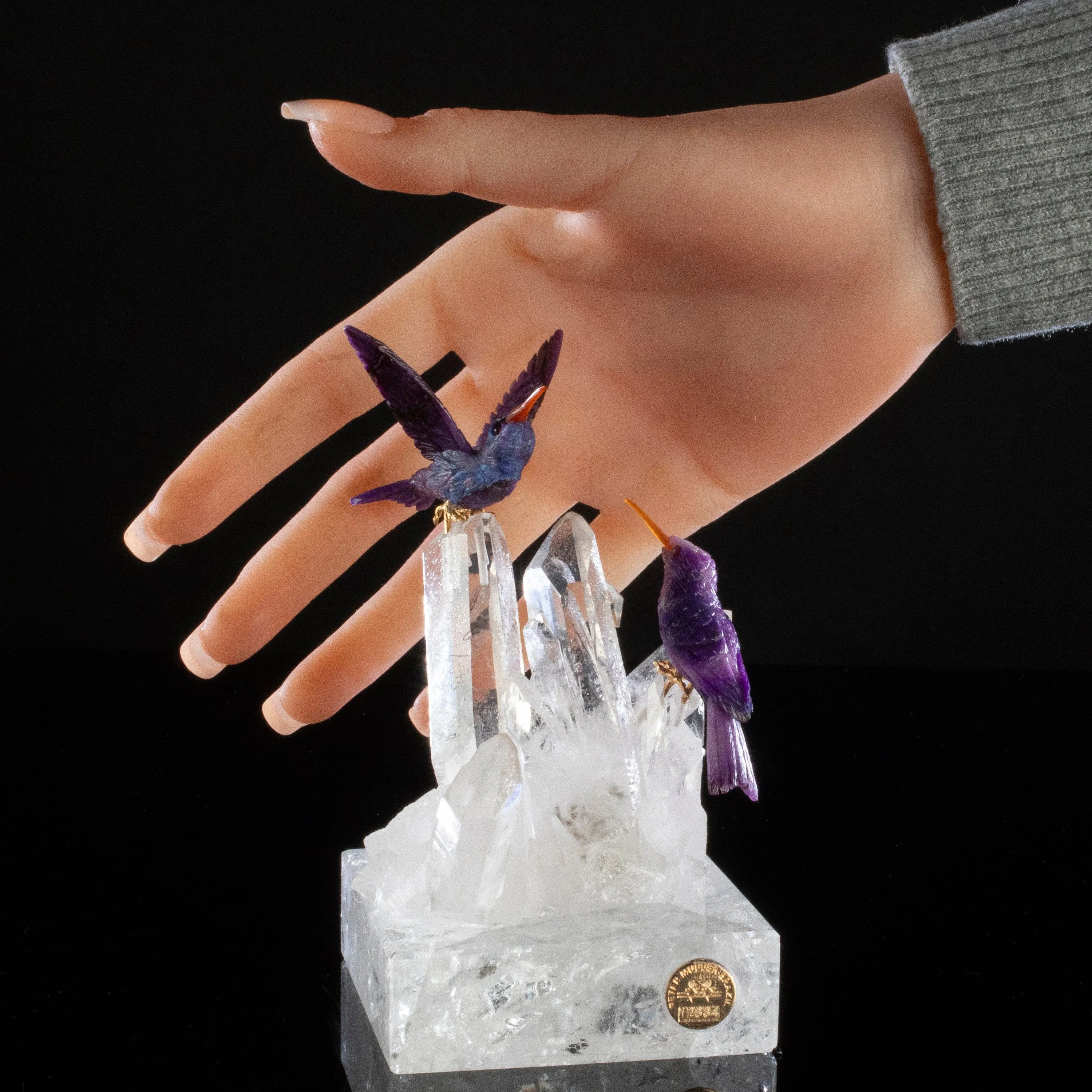 Peter Muller Sugilite Hummingbird Couple Love Birds Carving on Clear Quartz Point Cluster Base