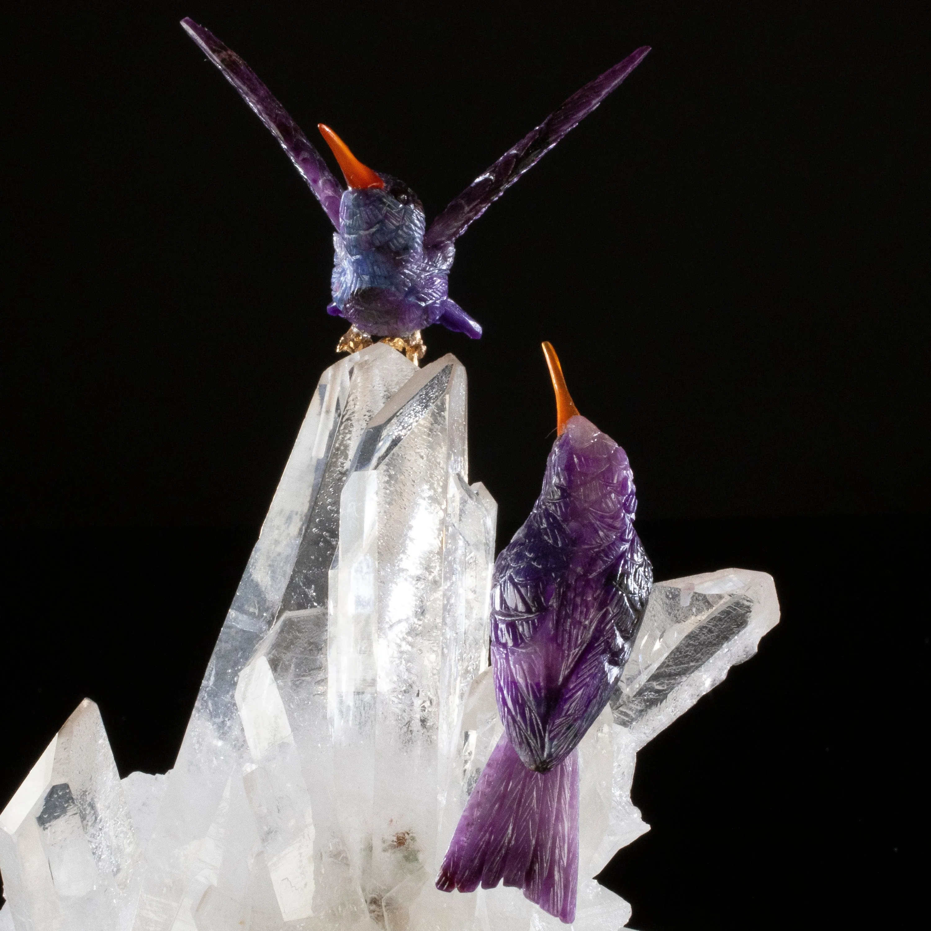 Peter Muller Sugilite Hummingbird Couple Love Birds Carving on Clear Quartz Point Cluster Base