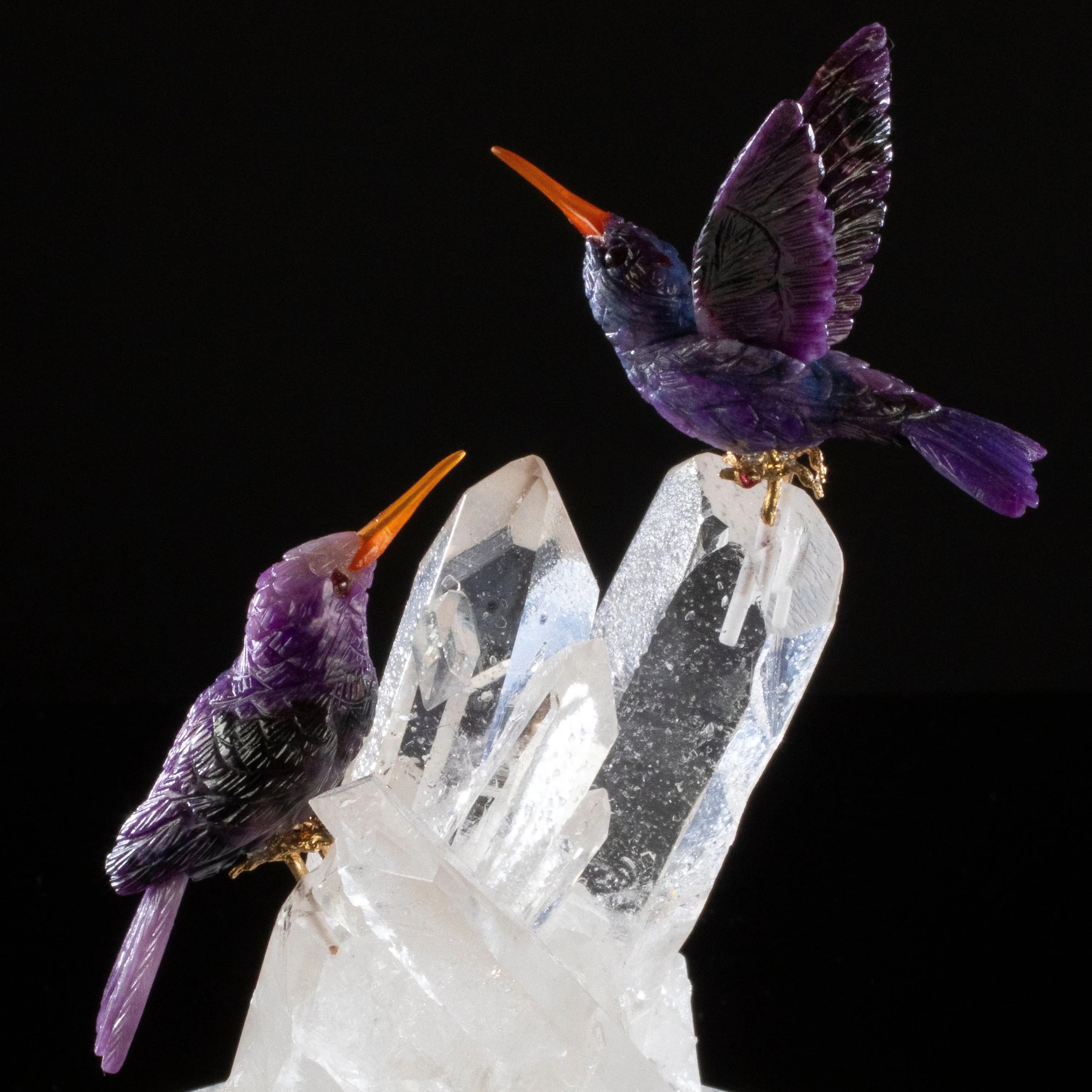 Peter Muller Sugilite Hummingbird Couple Love Birds Carving on Clear Quartz Point Cluster Base