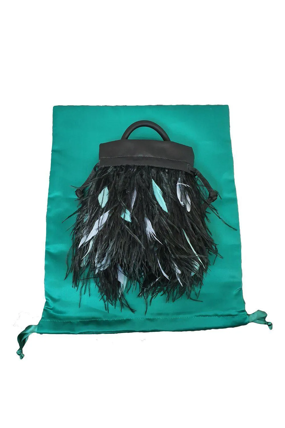 RIXO Black Satin and Feathered Flapper Style Mabel Bag (S)