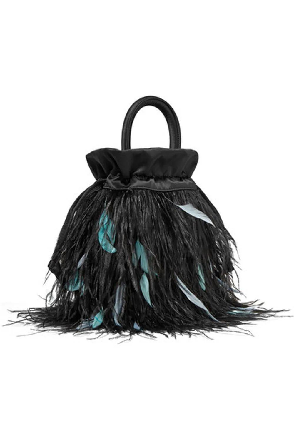 RIXO Black Satin and Feathered Flapper Style Mabel Bag (S)