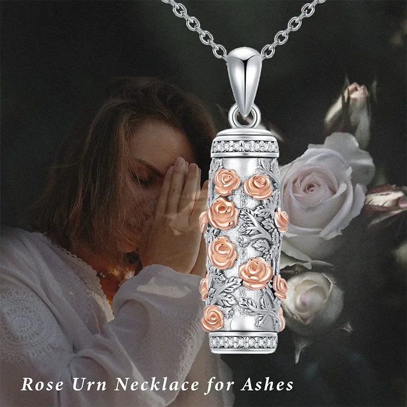 Rose Flower Urn Necklace for Ashes Sterling Silver Rose Flower Cremation Jewelry for Women