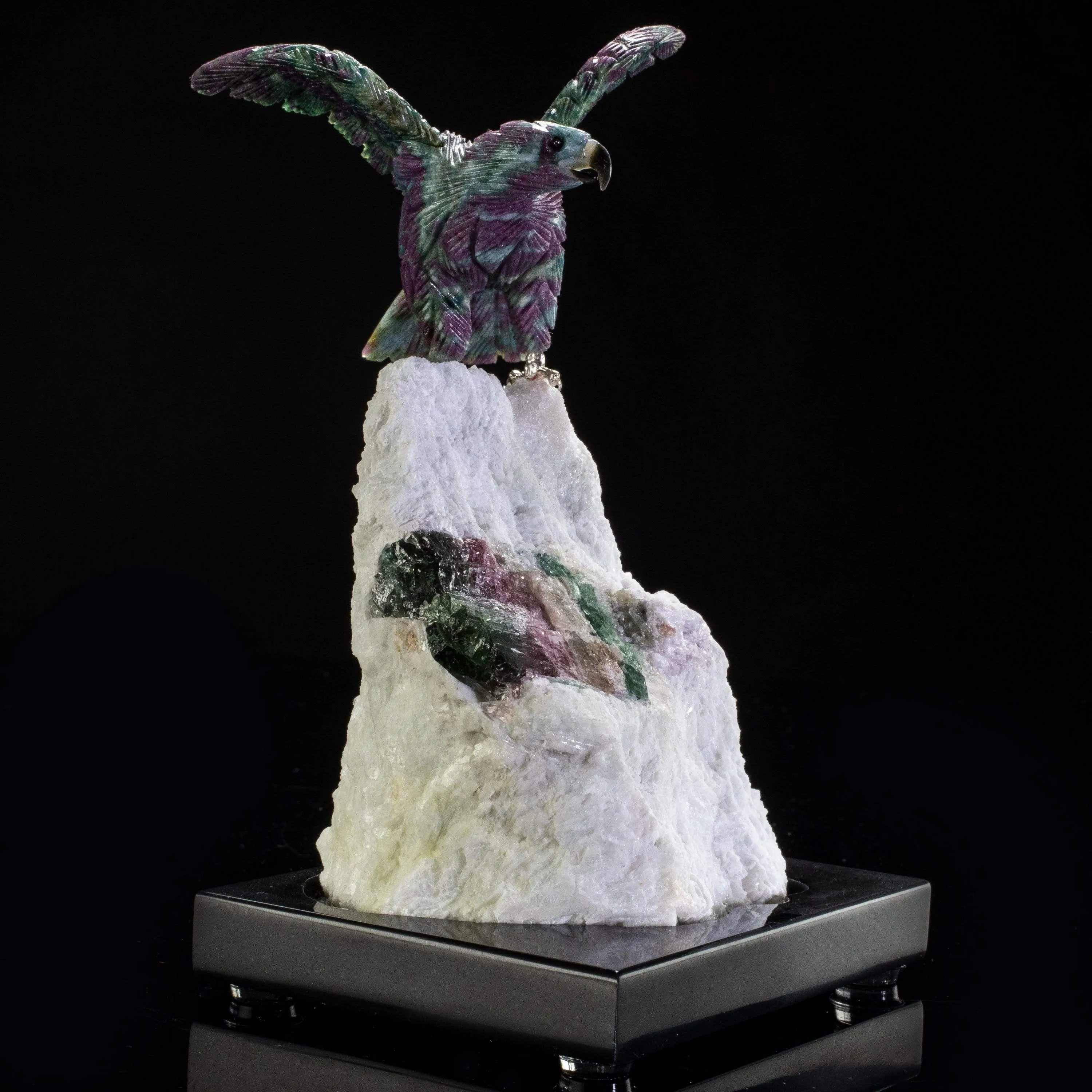 Ruby Falcon Love Birds Carving on Tourmaline & Quartz Base