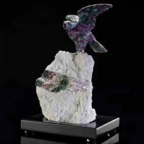 Ruby Falcon Love Birds Carving on Tourmaline & Quartz Base