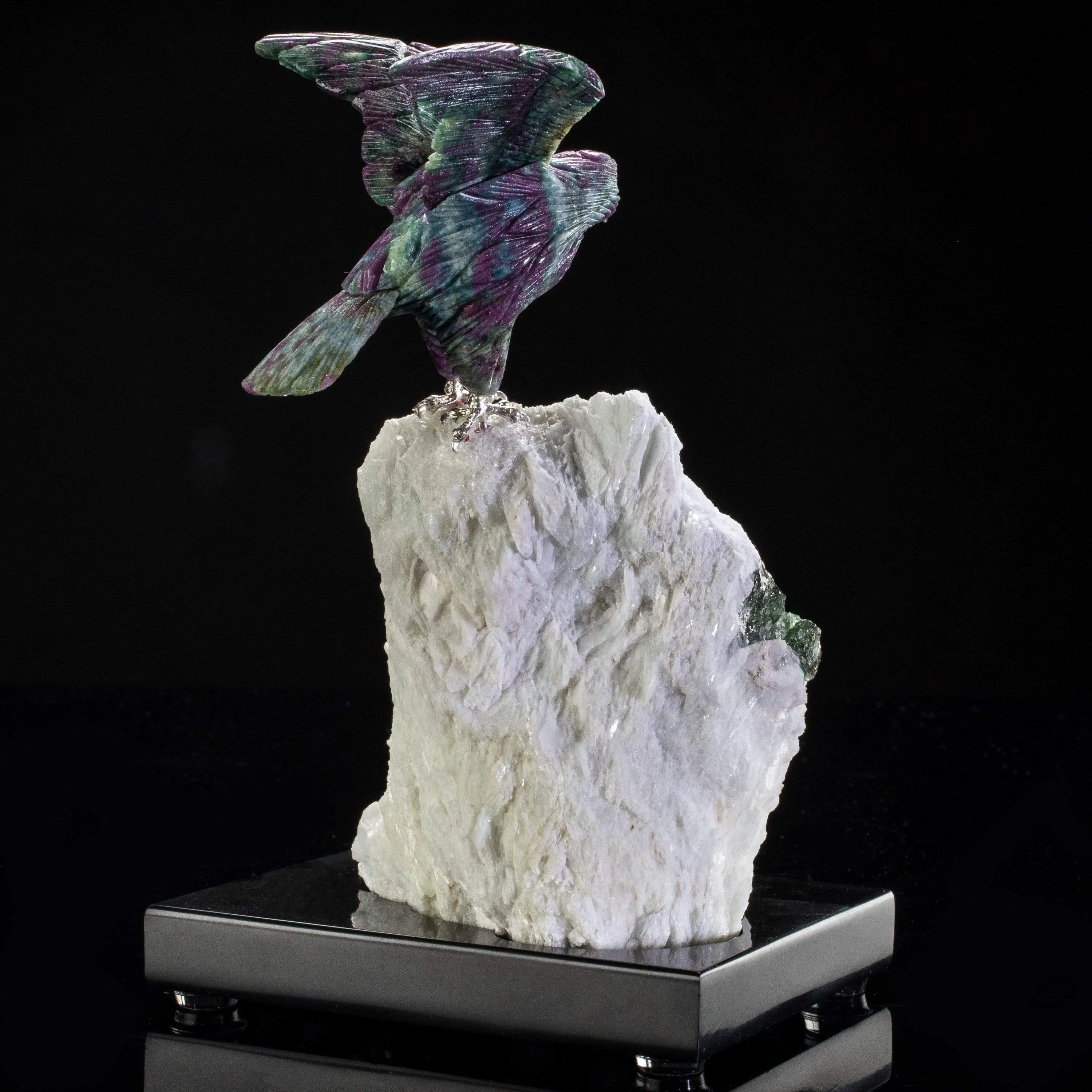 Ruby Falcon Love Birds Carving on Tourmaline & Quartz Base