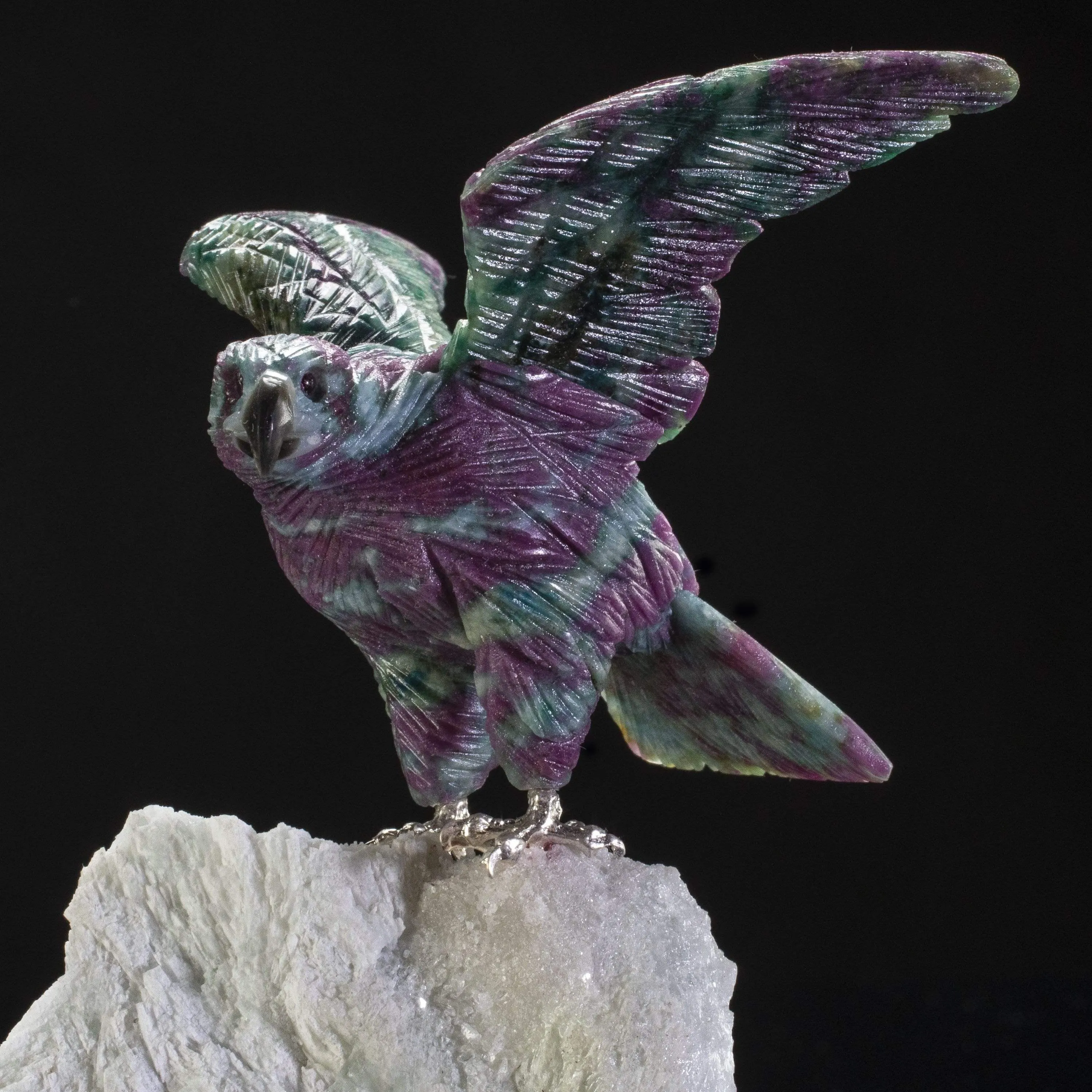 Ruby Falcon Love Birds Carving on Tourmaline & Quartz Base