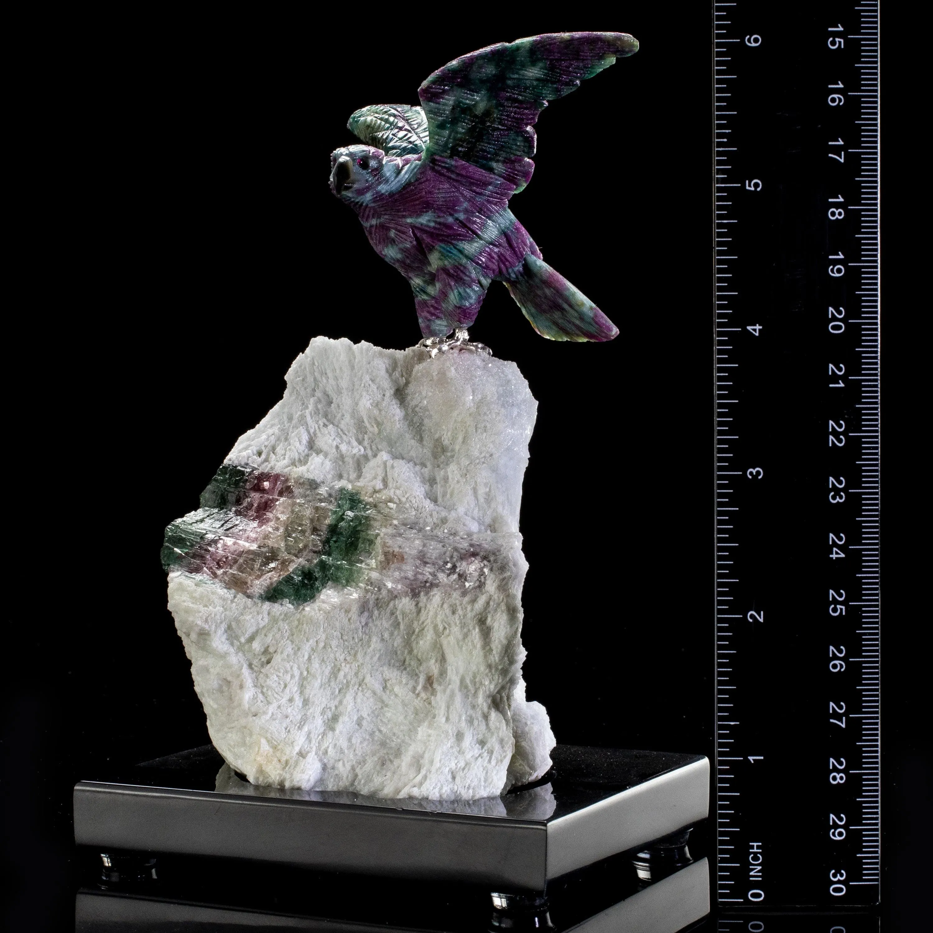 Ruby Falcon Love Birds Carving on Tourmaline & Quartz Base