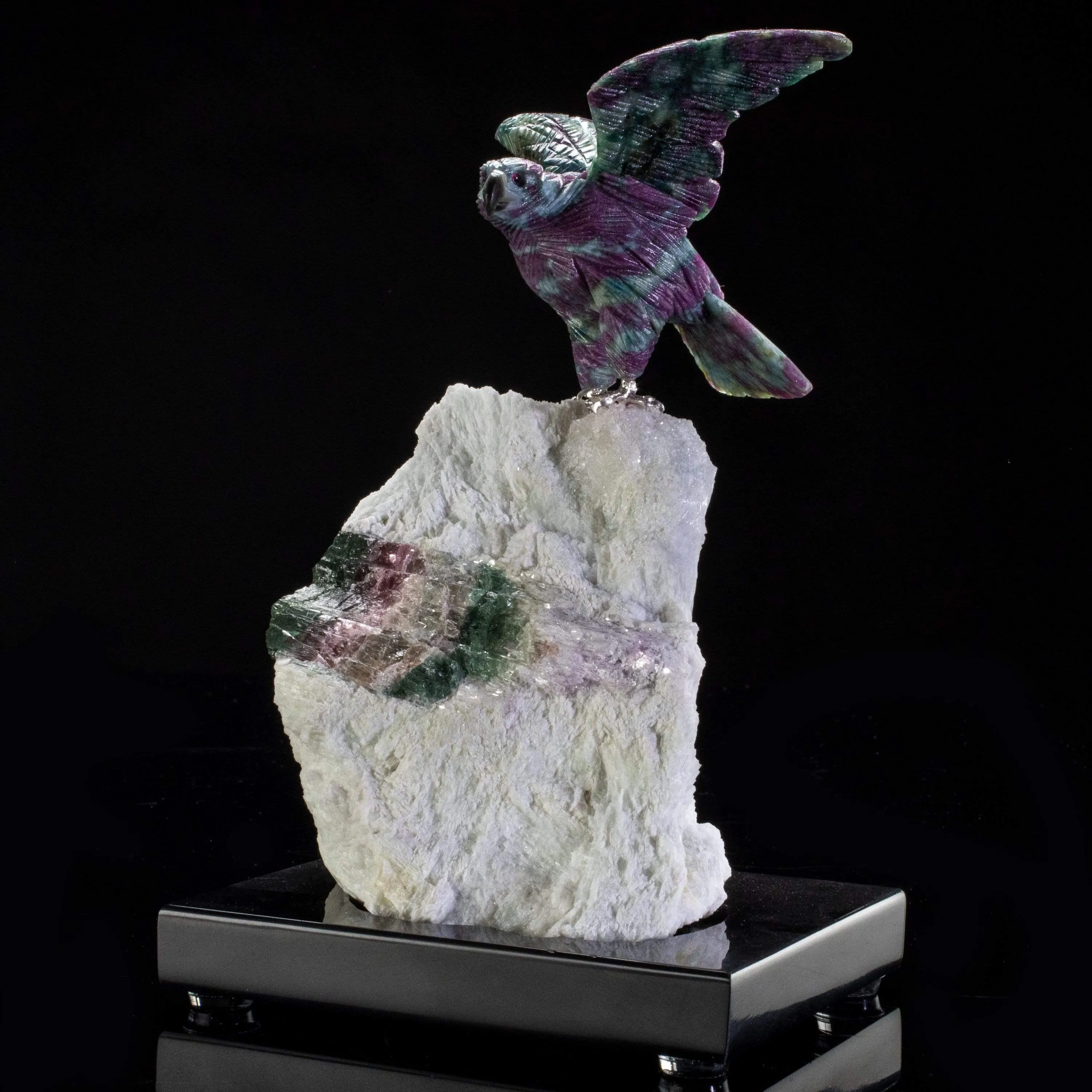 Ruby Falcon Love Birds Carving on Tourmaline & Quartz Base