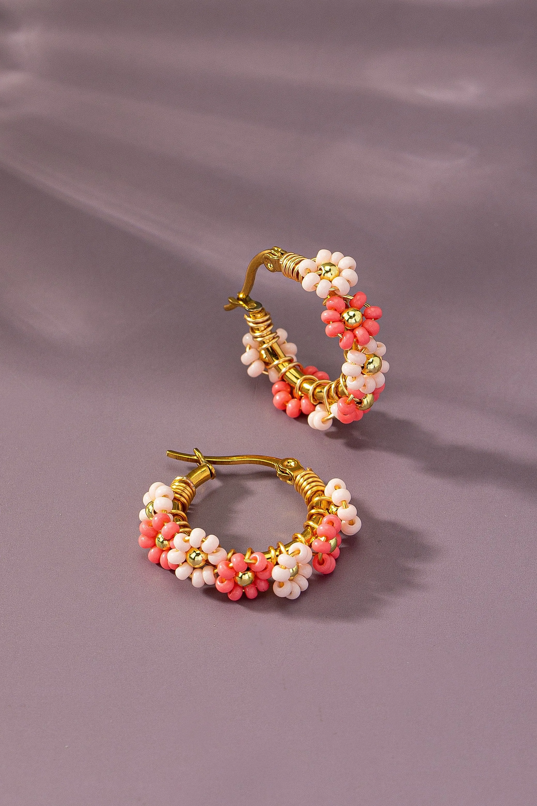 Seed Bead Flower Hoop Earrings