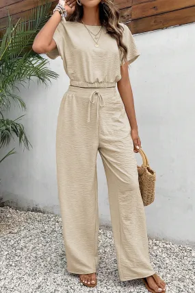 Short Sleeve Crop Top Wide Leg Pants Set