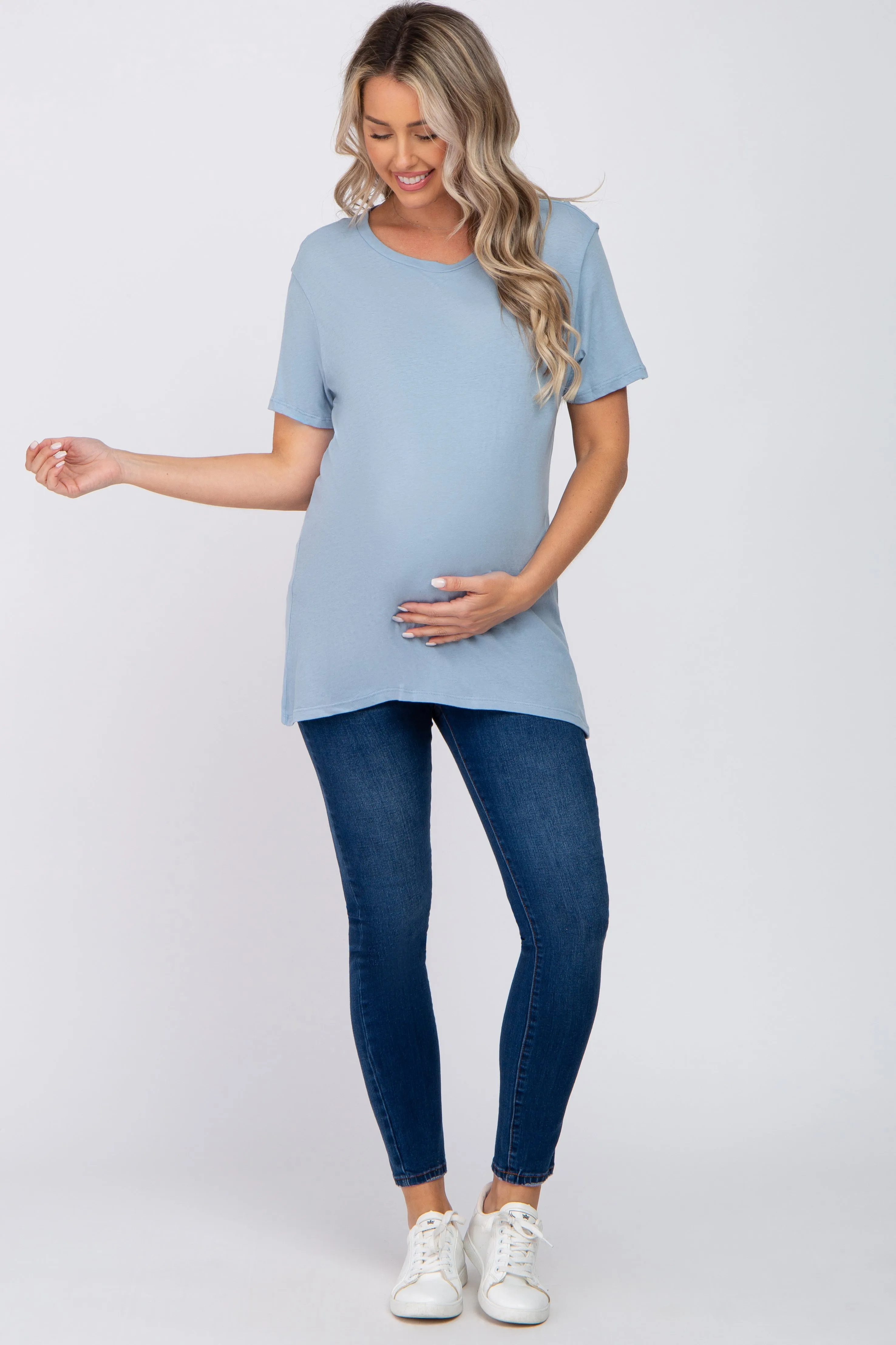 Slate Blue Oversized Short Sleeve Maternity Top