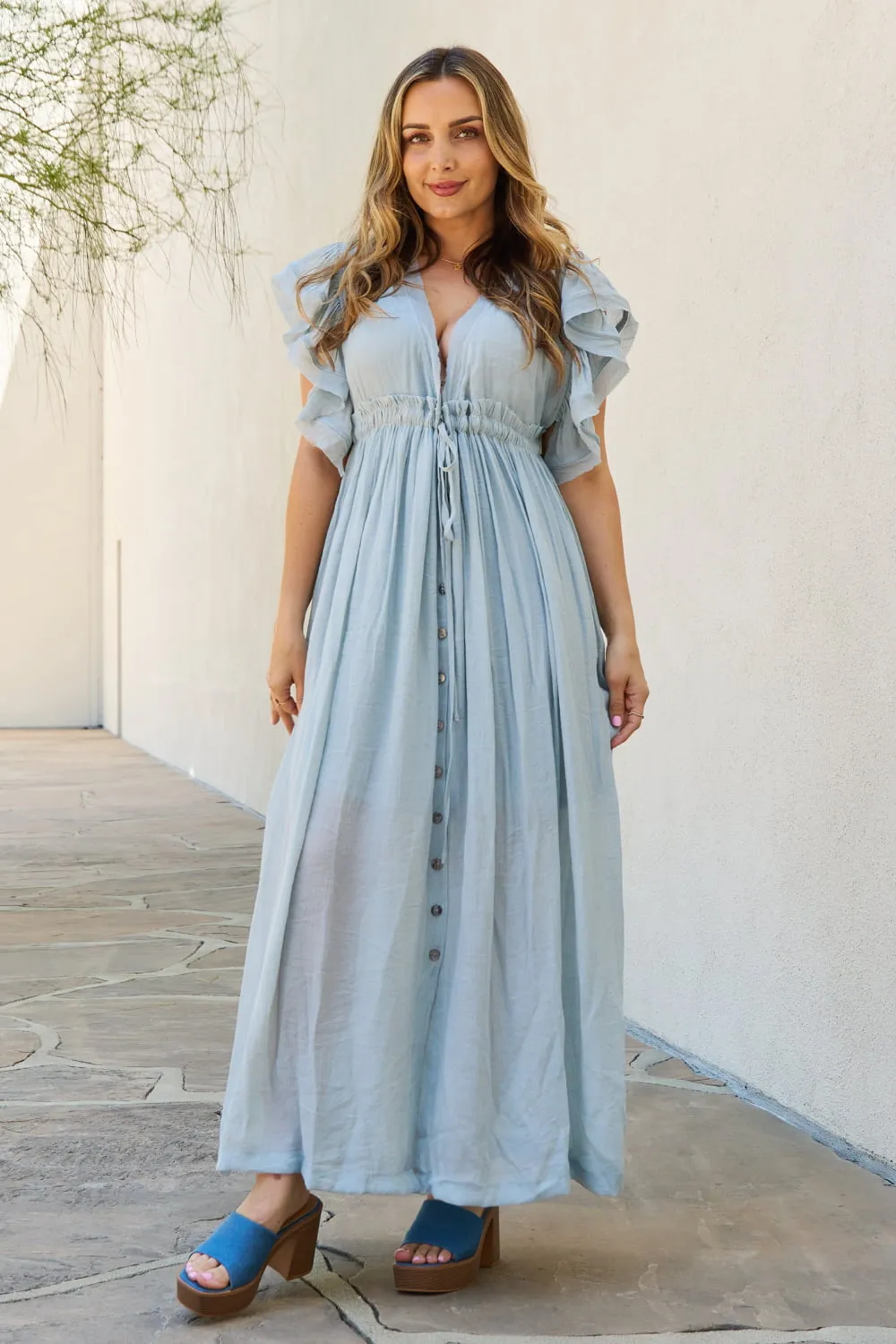 Sweet Lovely By Jen Full Size Drawstring Deep V Butterfly Sleeve Maxi Dress