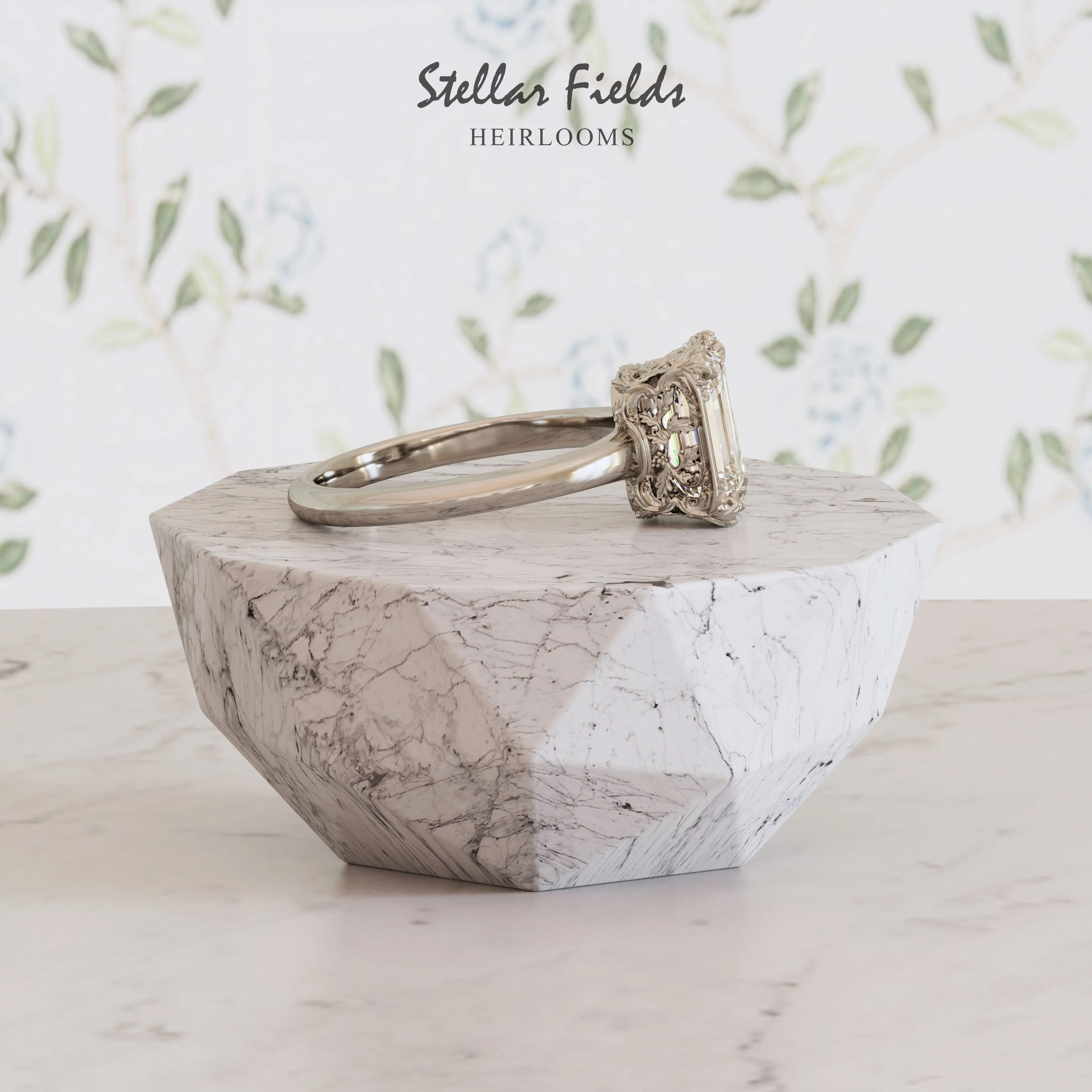 Teodora Intricate Foliage Engagement Ring Minimal Band