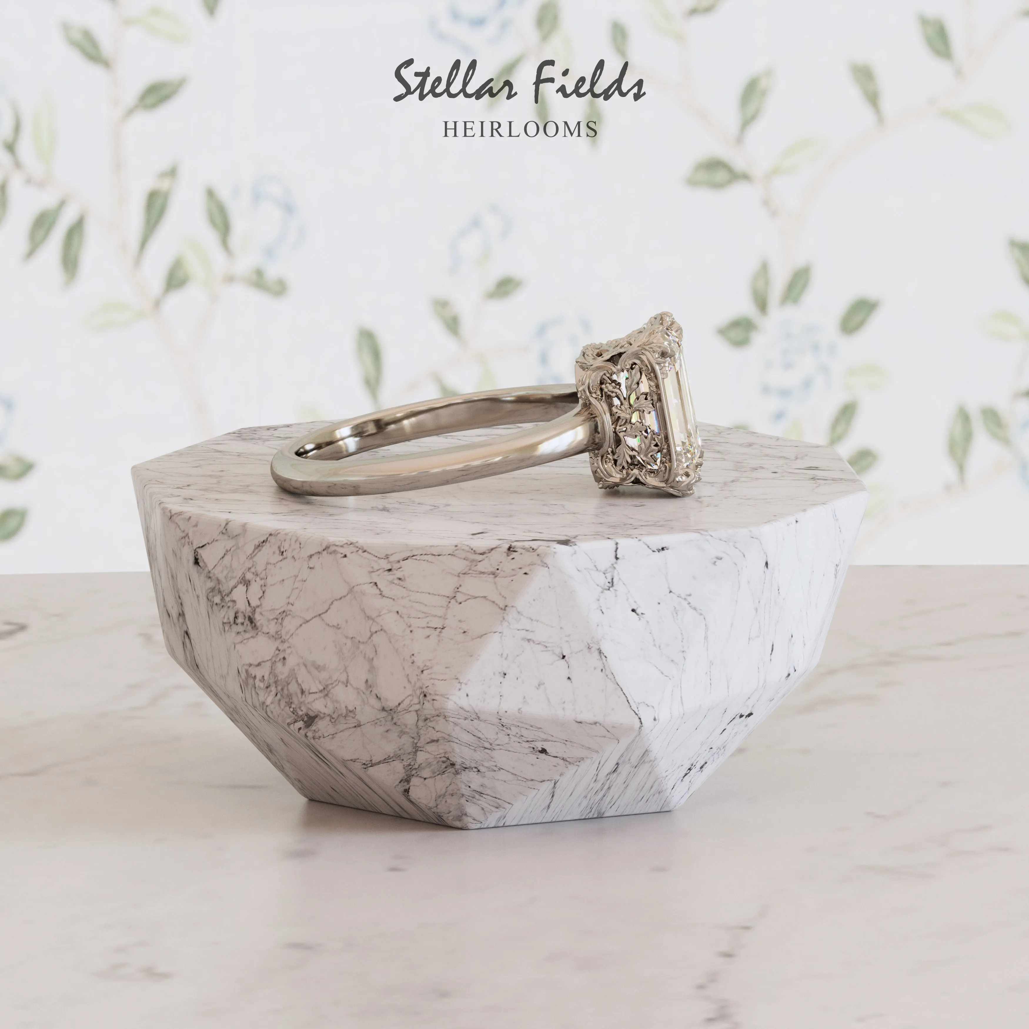 Teodora Intricate Foliage Engagement Ring Minimal Band