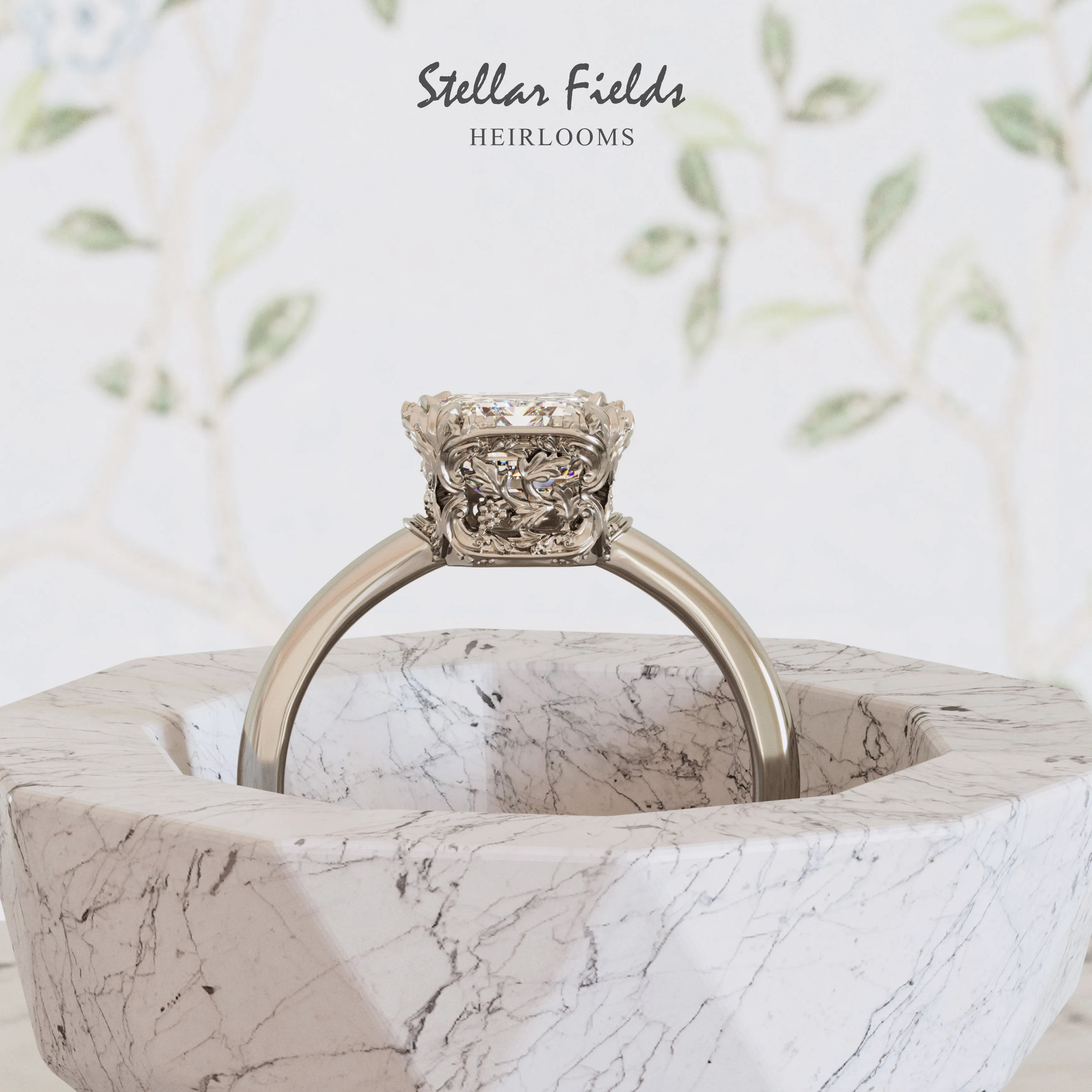 Teodora Intricate Foliage Engagement Ring Minimal Band