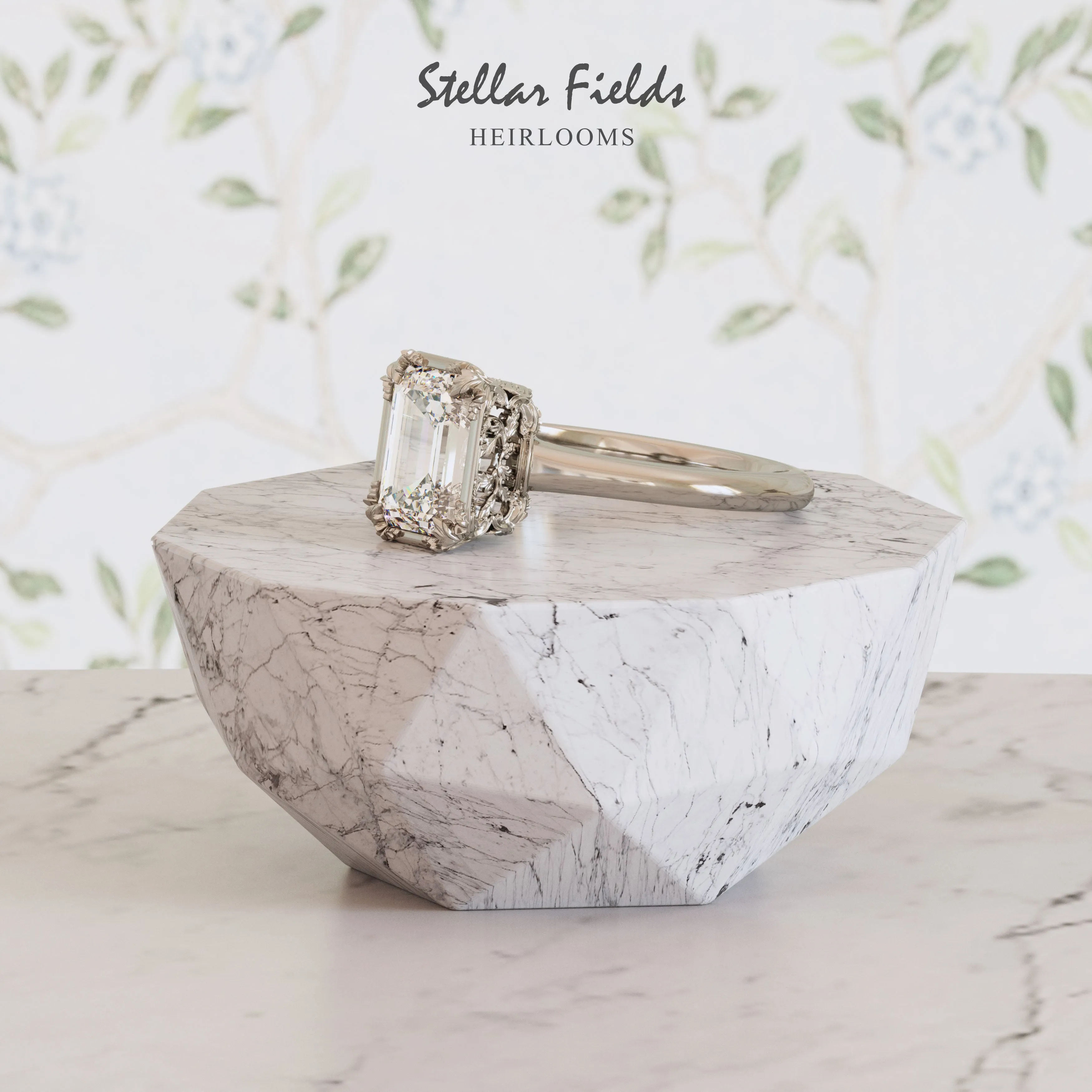 Teodora Intricate Foliage Engagement Ring Minimal Band