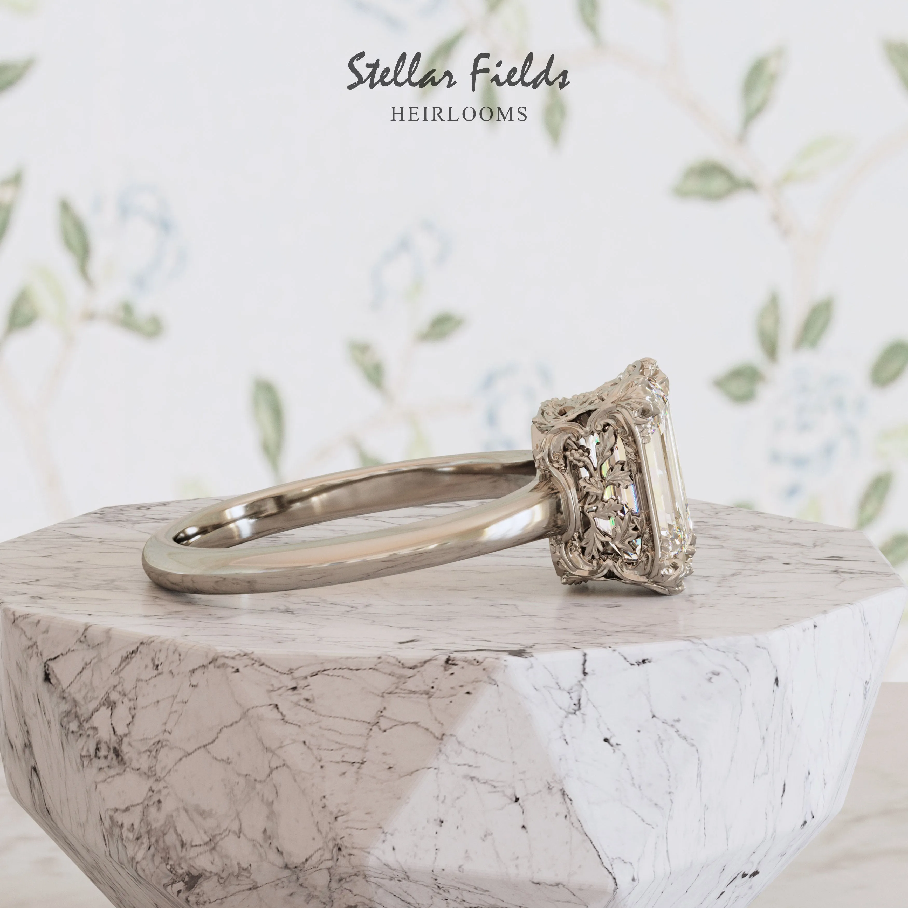 Teodora Intricate Foliage Engagement Ring Minimal Band