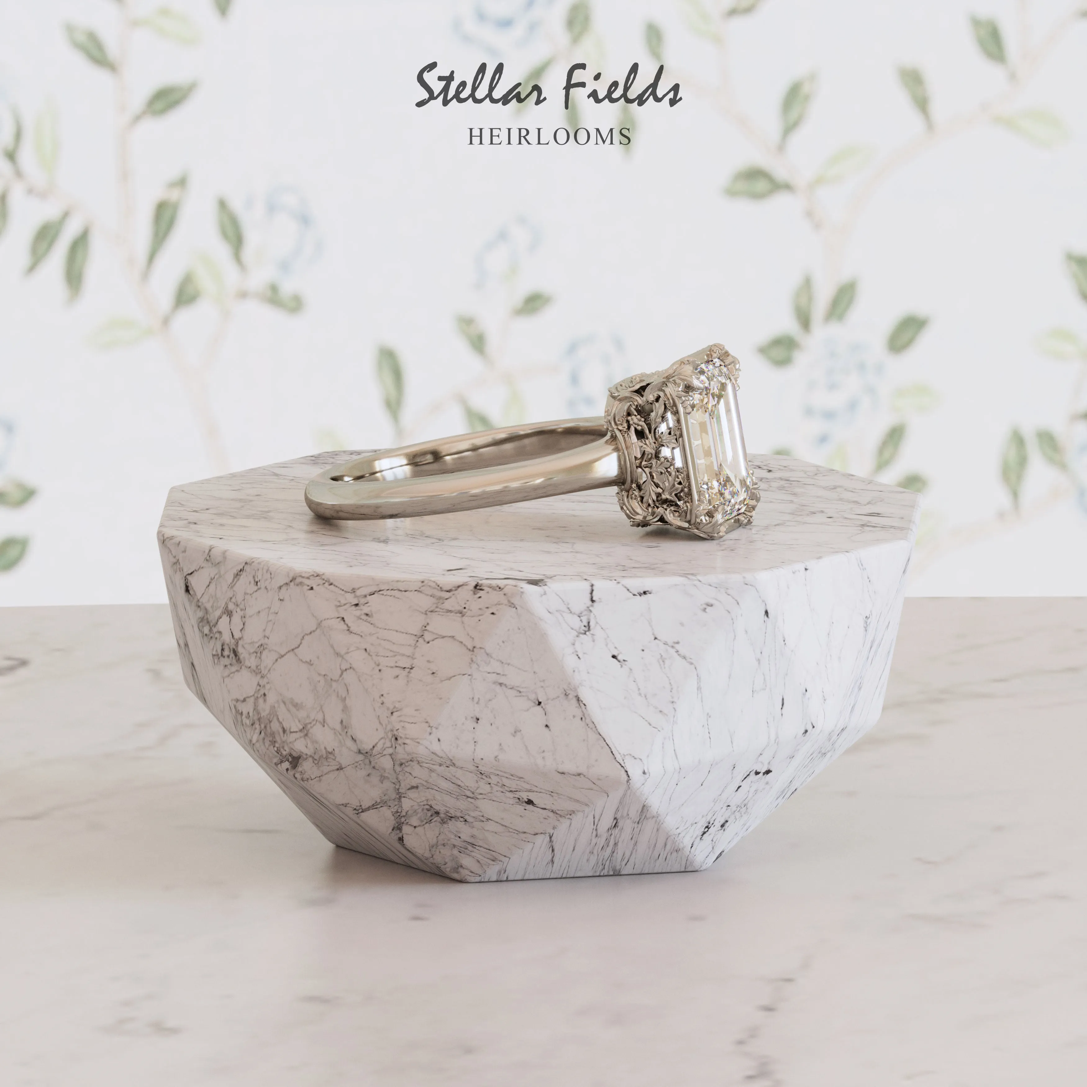 Teodora Intricate Foliage Engagement Ring Minimal Band