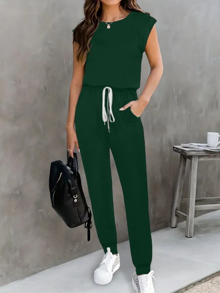 Ärmelloser Jumpsuit mit Rundhalsausschnitt und Kordelzug